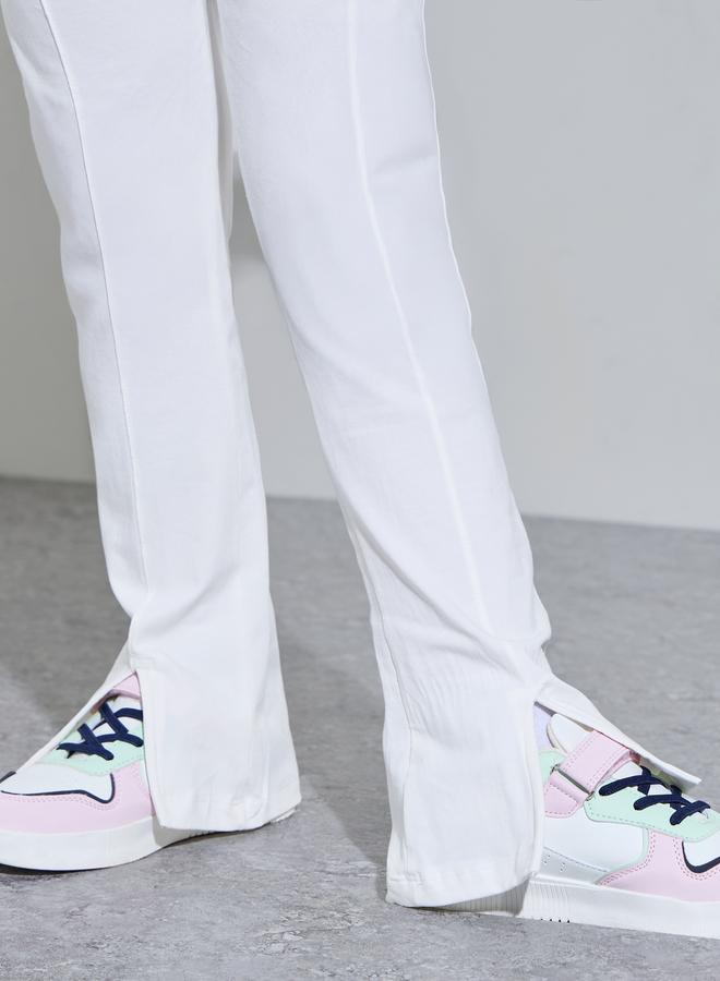 Styli Teen Girls Off White Solid High-Rise Leggings with Front Slit - Image 3
