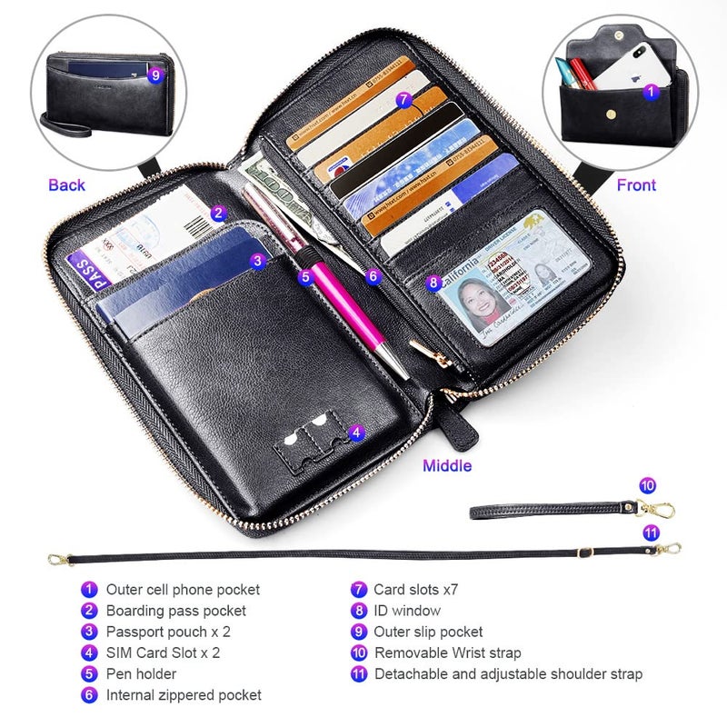 Nuoku nuoku Passport Holder, RFID Blocking Passport Wallet with Zipper 2 Straps, Travel Document Organizer for Family (Black)  - Image 3
