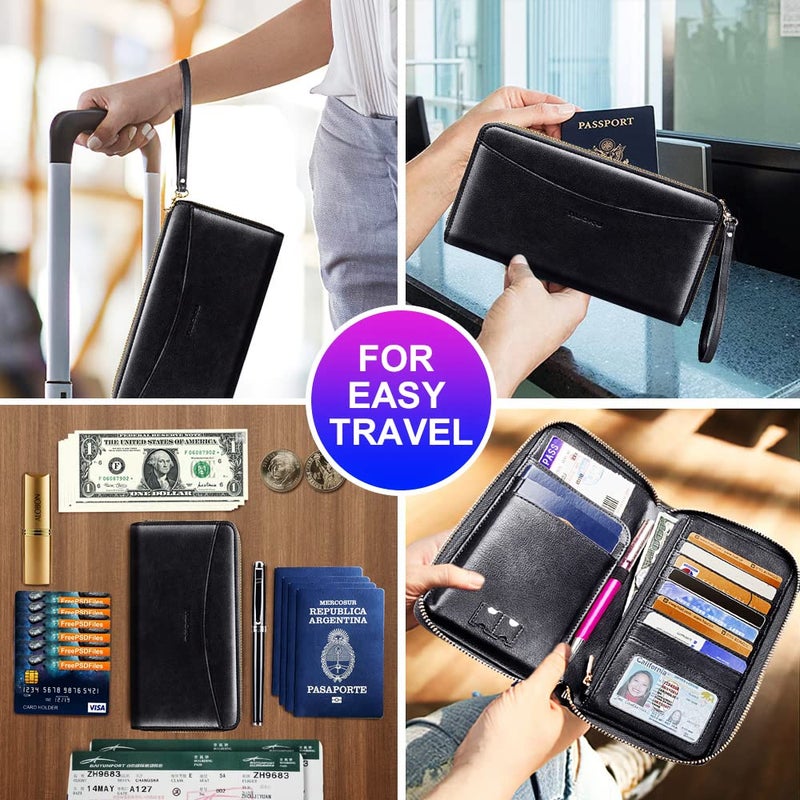 Nuoku nuoku Passport Holder, RFID Blocking Passport Wallet with Zipper 2 Straps, Travel Document Organizer for Family (Black)  - Image 2