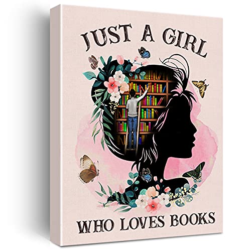 Nvhai Just a Girl Who Loves Books Canvas Painting Prints for Home Wall Decor Framed Reading Artwork Book Lover Gifts for Women (12x15 Inch) - Image 1