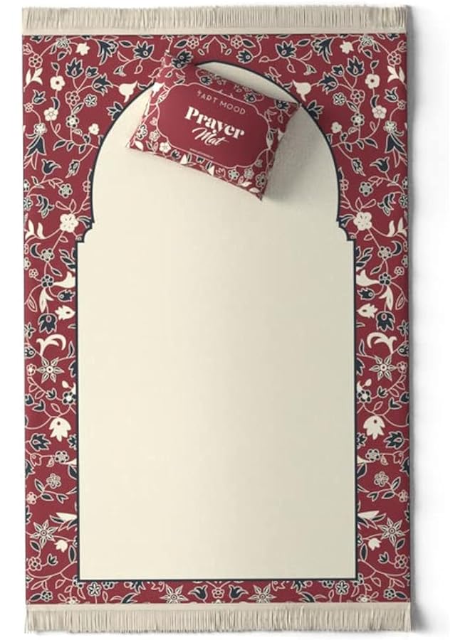 Al Rawda Velvet Prayer Mat Soft Velvet Material Beige And Red Color 68W X 117L Cm Luxurious Islamic Rug With Elegant Details.