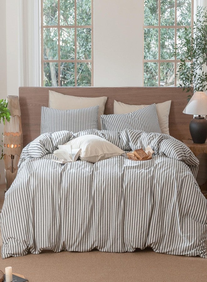 MooMee Striped Duvet Cover Set 100% Washed Cotton Linen Like Textured Breathable Durable Soft Comfy (Dark Grey White Classic Stripes, Cal King 104"x98") - Image 1