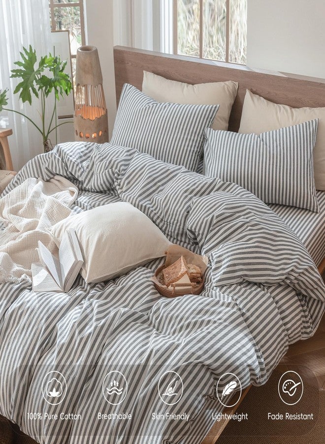 MooMee Striped Duvet Cover Set 100% Washed Cotton Linen Like Textured Breathable Durable Soft Comfy (Dark Grey White Classic Stripes, Cal King 104"x98") - Image 4