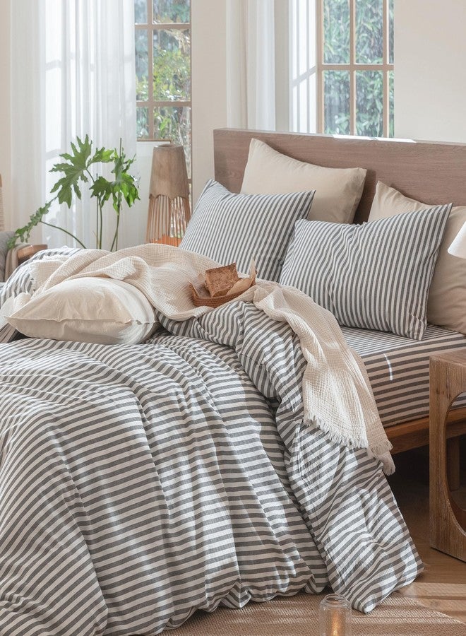 MooMee Striped Duvet Cover Set 100% Washed Cotton Linen Like Textured Breathable Durable Soft Comfy (Dark Grey White Classic Stripes, Cal King 104"x98") - Image 3