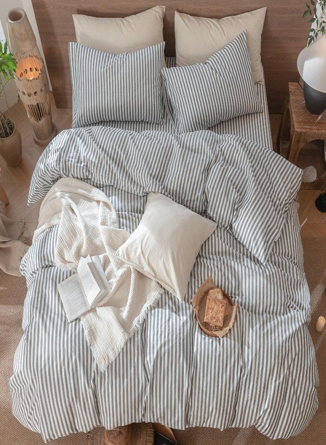 MooMee Striped Duvet Cover Set 100% Washed Cotton Linen Like Textured Breathable Durable Soft Comfy (Dark Grey White Classic Stripes, Cal King 104"x98") - Image 5