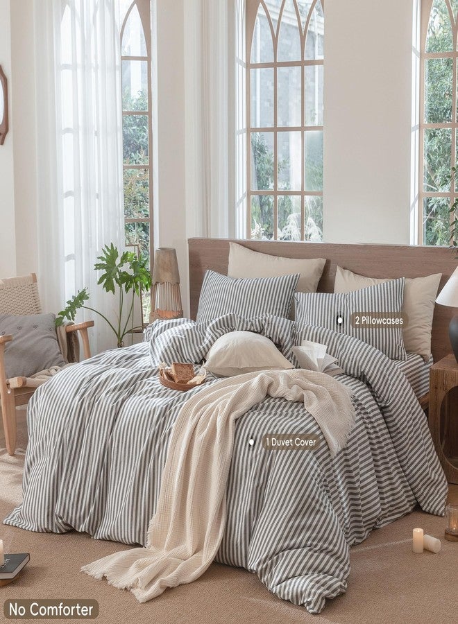 MooMee Striped Duvet Cover Set 100% Washed Cotton Linen Like Textured Breathable Durable Soft Comfy (Dark Grey White Classic Stripes, Cal King 104"x98") - Image 2