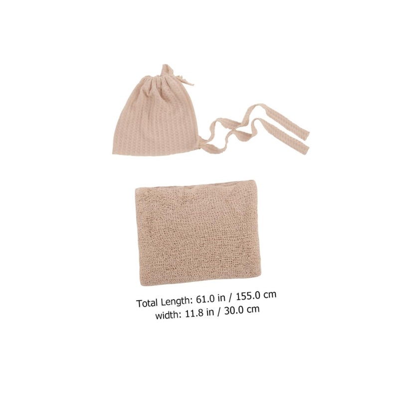 Newborn Baby Hat And Swaddle Set Soft Cotton Beige Photography Prop 2 Piece - Image 3