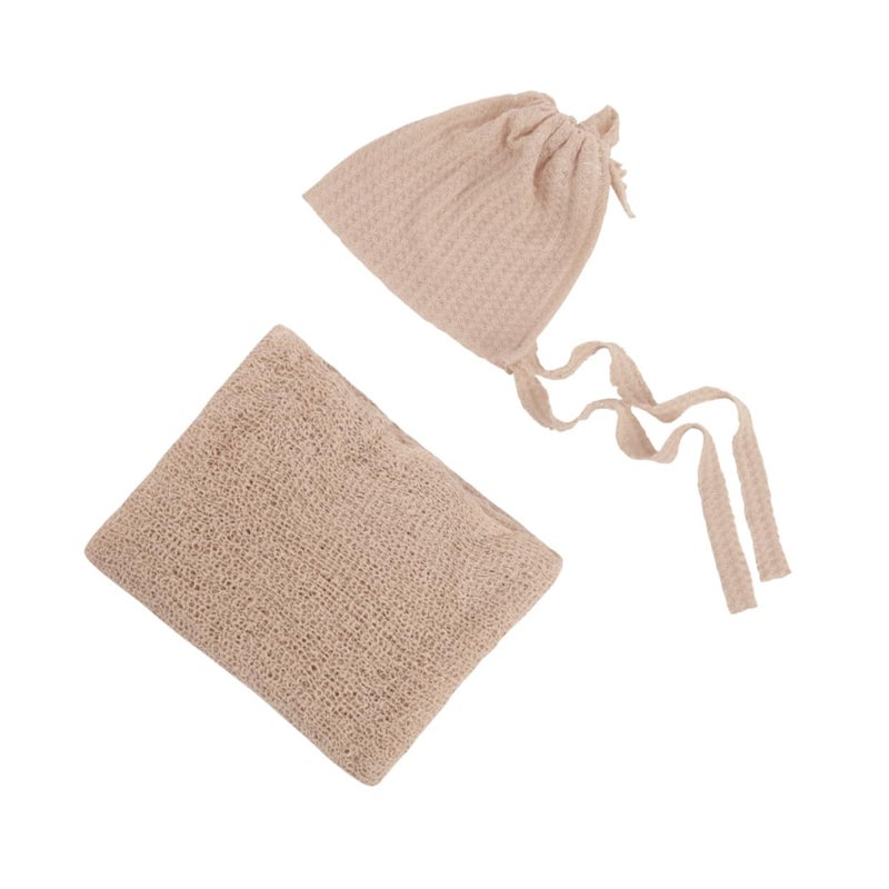 Newborn Baby Hat And Swaddle Set Soft Cotton Beige Photography Prop 2 Piece - Image 2