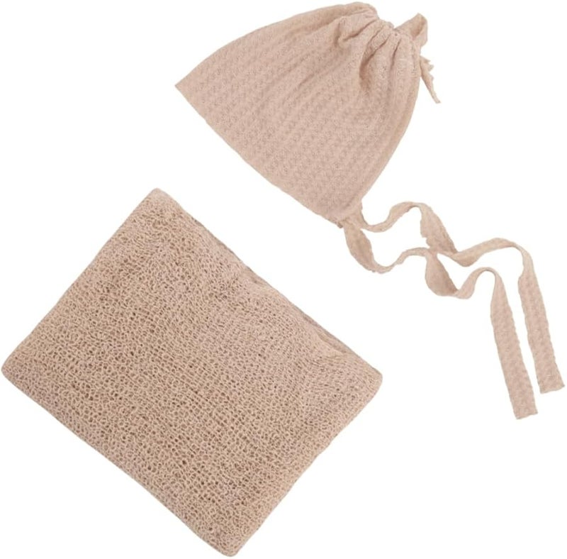 Newborn Baby Hat And Swaddle Set Soft Cotton Beige Photography Prop 2 Piece - Image 1