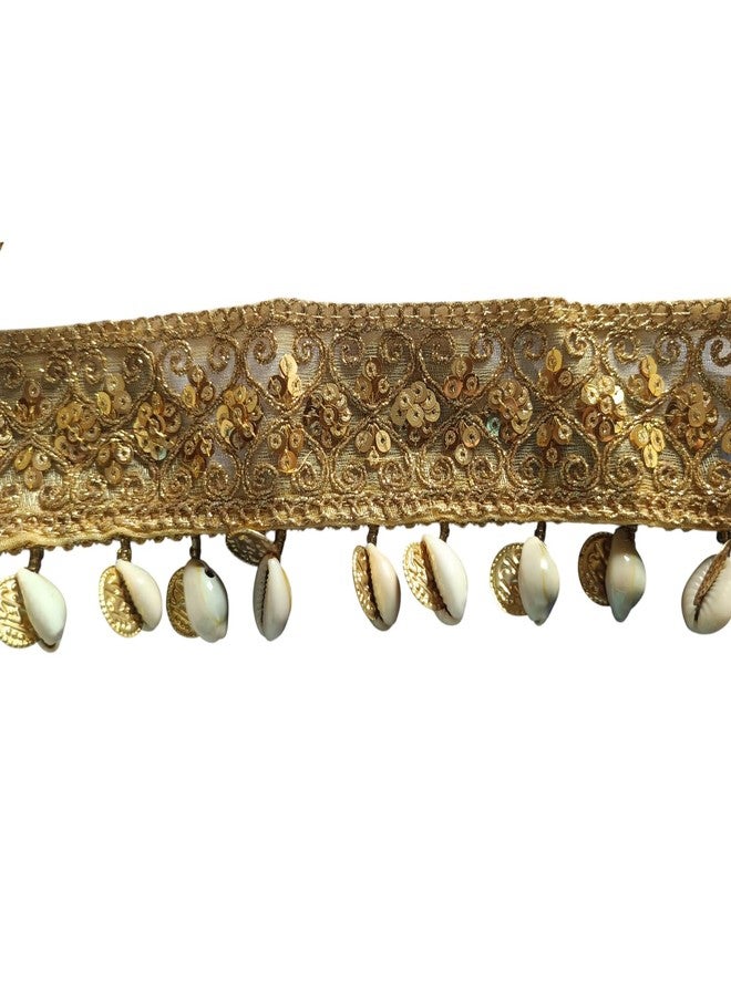 VINNIE Gold Embroidered Saree Waist Belt with Coins and Shell Danglers – Ethnic Fabric Kamarbandh for Women - Image 2