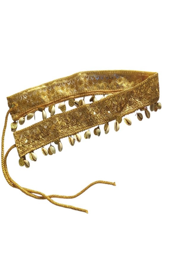 VINNIE Gold Embroidered Saree Waist Belt with Coins and Shell Danglers – Ethnic Fabric Kamarbandh for Women - Image 1