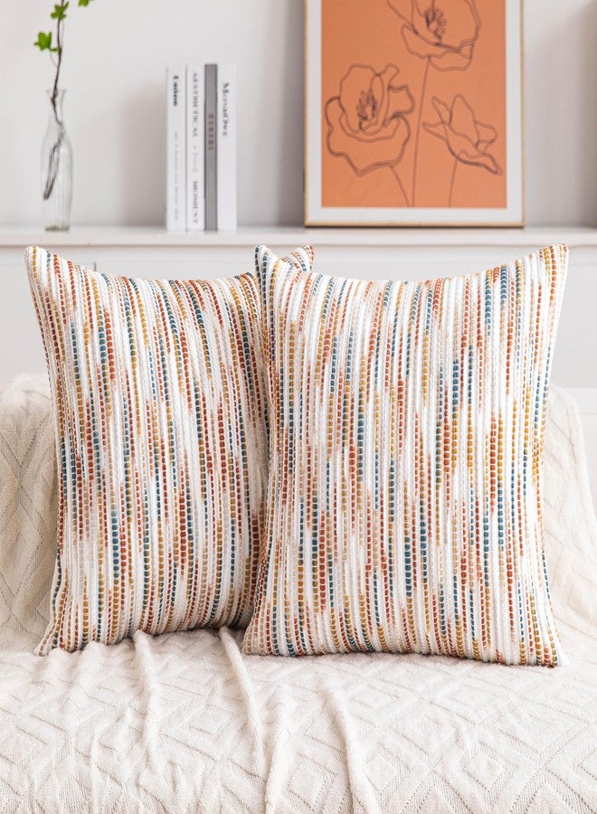 KOOLIFE Boho Couch Throw Pillow Covers 18x18 Inch Set of 2 Yellow Orange Striped Decorative Pillow Covers Chenille Accent Pillowcase Farmhouse Cushion Covers for Home Decor Sofa Living Room Bedroom - Image 1