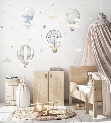YIMEHDAN Watercolor Hot Air Balloon Wall Decals, Stars Clouds Balloon Vinyl Wall Stickers, Peel and Stick Colorful Artwork for Nursery Bedroom Toddler Room Playroom Decor - Image 2