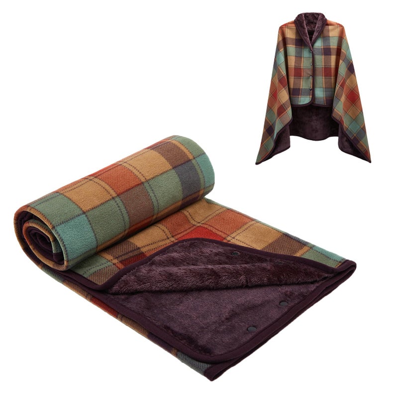 forestfish Fleece Wearable Blanket, Plaid Lap Blanket Comfy Poncho Throw with Buttons for Bed Sofa Office - Image 1