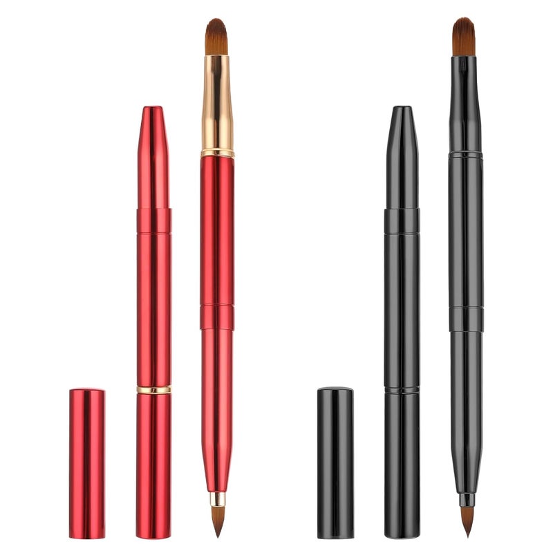 Sliverdew 2 Pack Retractable Lip Brush for Lipstick with Cap, Double-Ended Lip Makeup Brushes Retractable Lip Gloss Lipstick Brush Applicator Travel Black Red