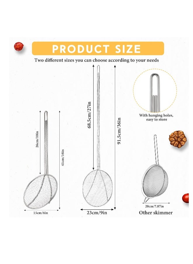 2 Pcs Stainless Steel Round Skimmer, 16 Inch Nickel Plated Wire Stainless Steel Food Strainer Skimmer Spoon Kitchen Spider Skimmer Strainer With Handle, for Cooking Deep Fryer, Pasta, Egg, Fat  - Image 2