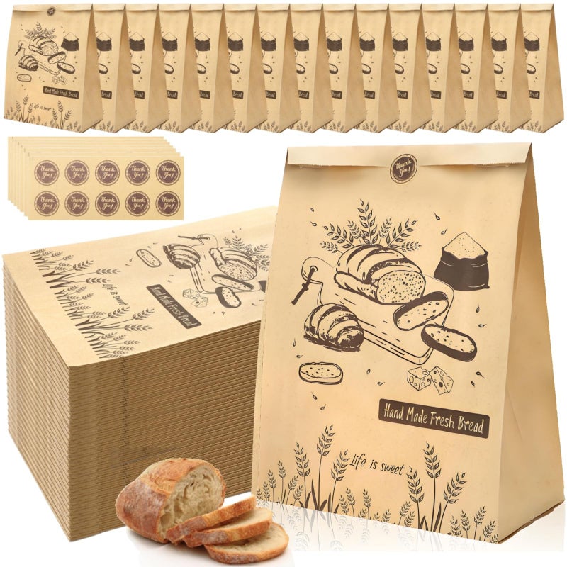 Acshio 100 Pieces Paper Bread Bags for Homemade Breads, 13.7'' x 9.5'' x 3.5'' Large Kraft Sourdough Bakery Bag with 100 Stickers, Brown Food Packaging Storage Cookie Loaf Bags for Popcorn, Snack - Image 1