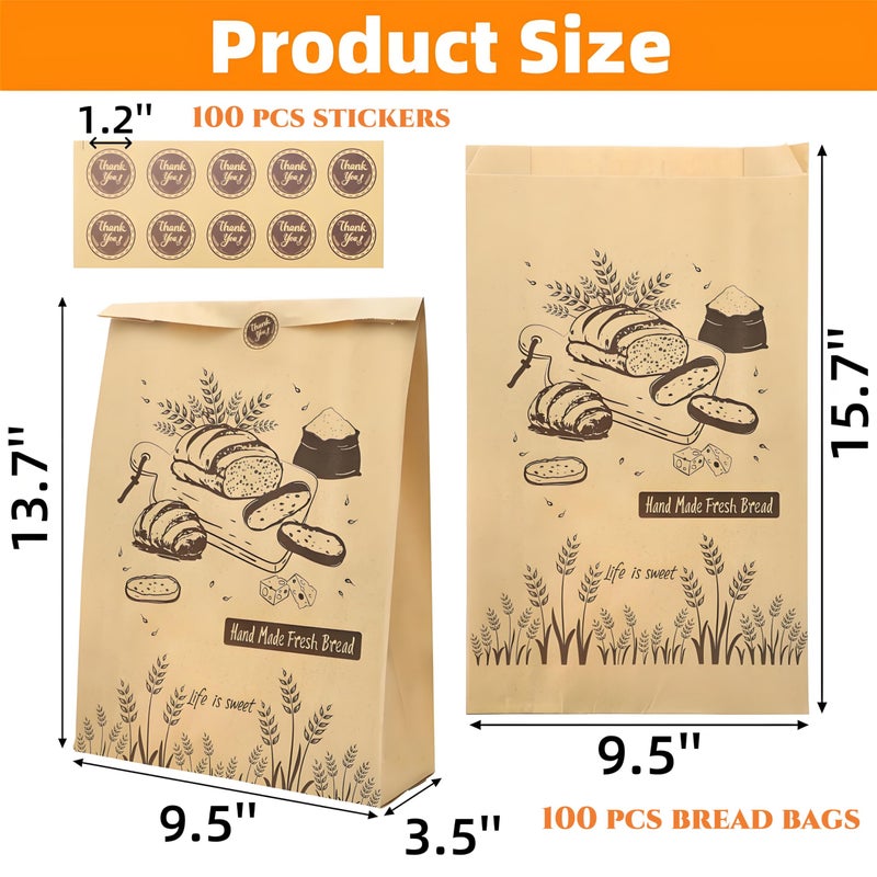 Acshio 100 Pieces Paper Bread Bags for Homemade Breads, 13.7'' x 9.5'' x 3.5'' Large Kraft Sourdough Bakery Bag with 100 Stickers, Brown Food Packaging Storage Cookie Loaf Bags for Popcorn, Snack - Image 2