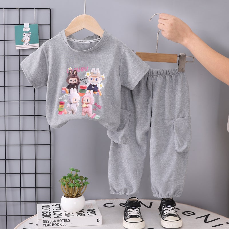 Cross-border special girls pull cloth short sleeve suit 25 summer new T-shirt LABUBU pants two-piece foreign trade Gray