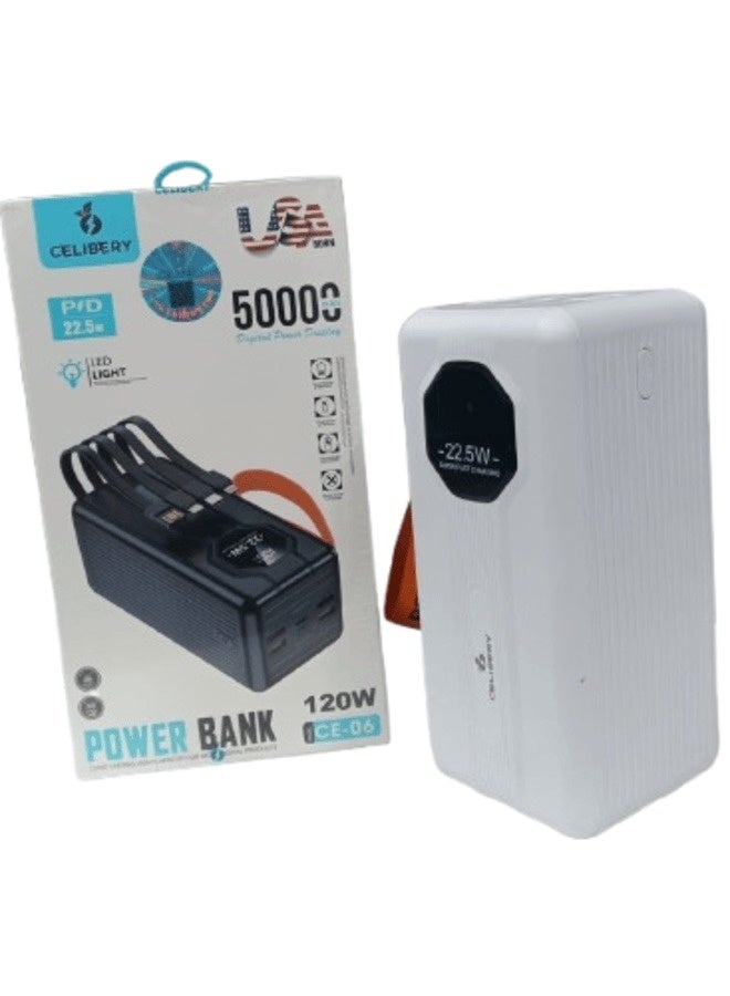 CELIBERY CE-06  50000mAh Dual-Ports Power Bank with LED Light and 22.5W PD Fast Charging – 120W Output, Built-in Cables, White - Image 1