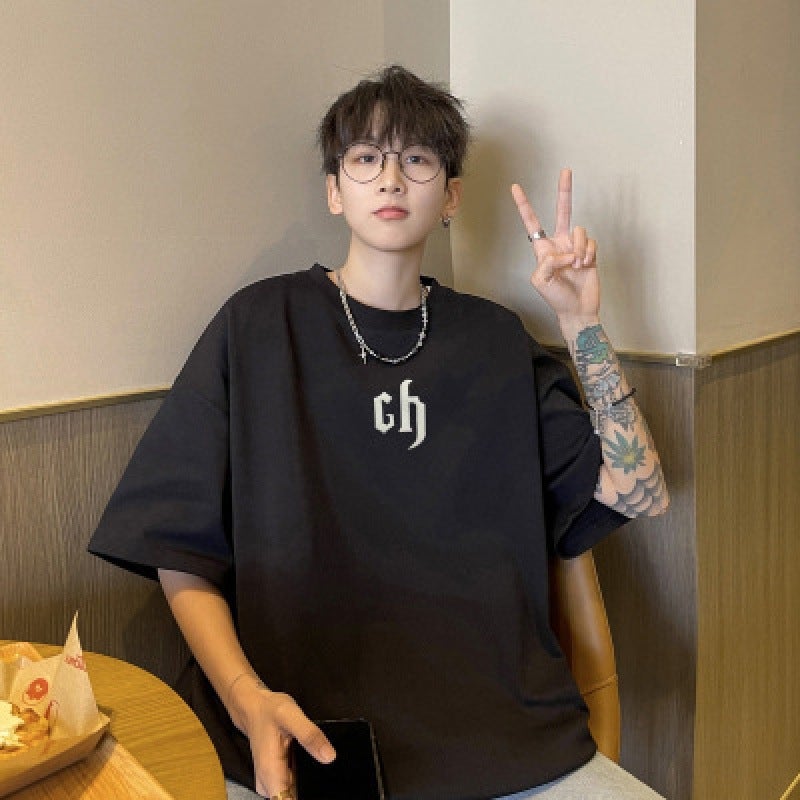 Fashion Brand Autumn Men'S Short-Sleeved T-Shirt Men'S Pure Cotton Crewneck Extra Large Size Fat Loose Short-Sleeved Purplish Blue 5 - Image 1