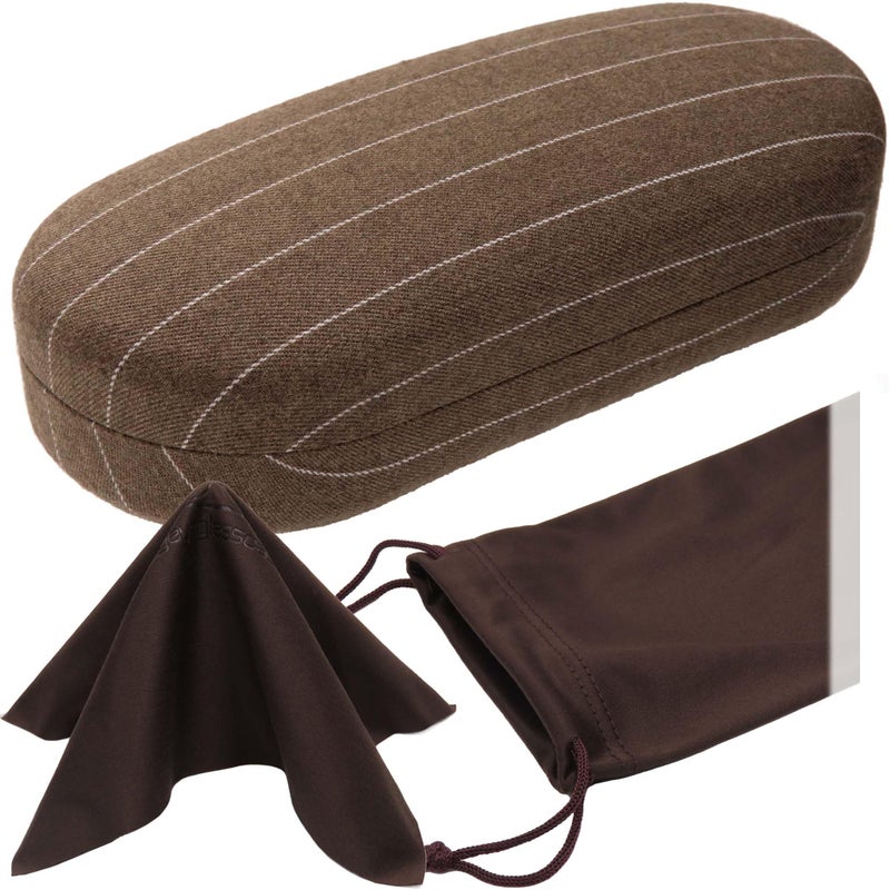 MyEyeglassCase MyEyeglassCase - Chic Brown Hard Shell Sunglass Case with Microfiber Pouch & Cleaning Cloth - Elegant Tweed Patten Glasses Case - Medium to Large Eyeglass Case for Men and Women (AS87 Brown Tweed)  - Image 1