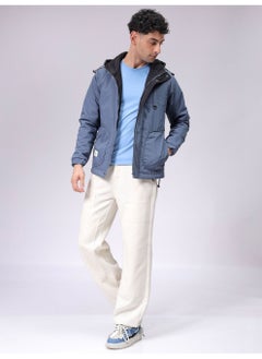 The Indian Garage Co Mens Blue Slim Fit Plain Hooded Zipper Placket Side Pocket Winter Jacket 