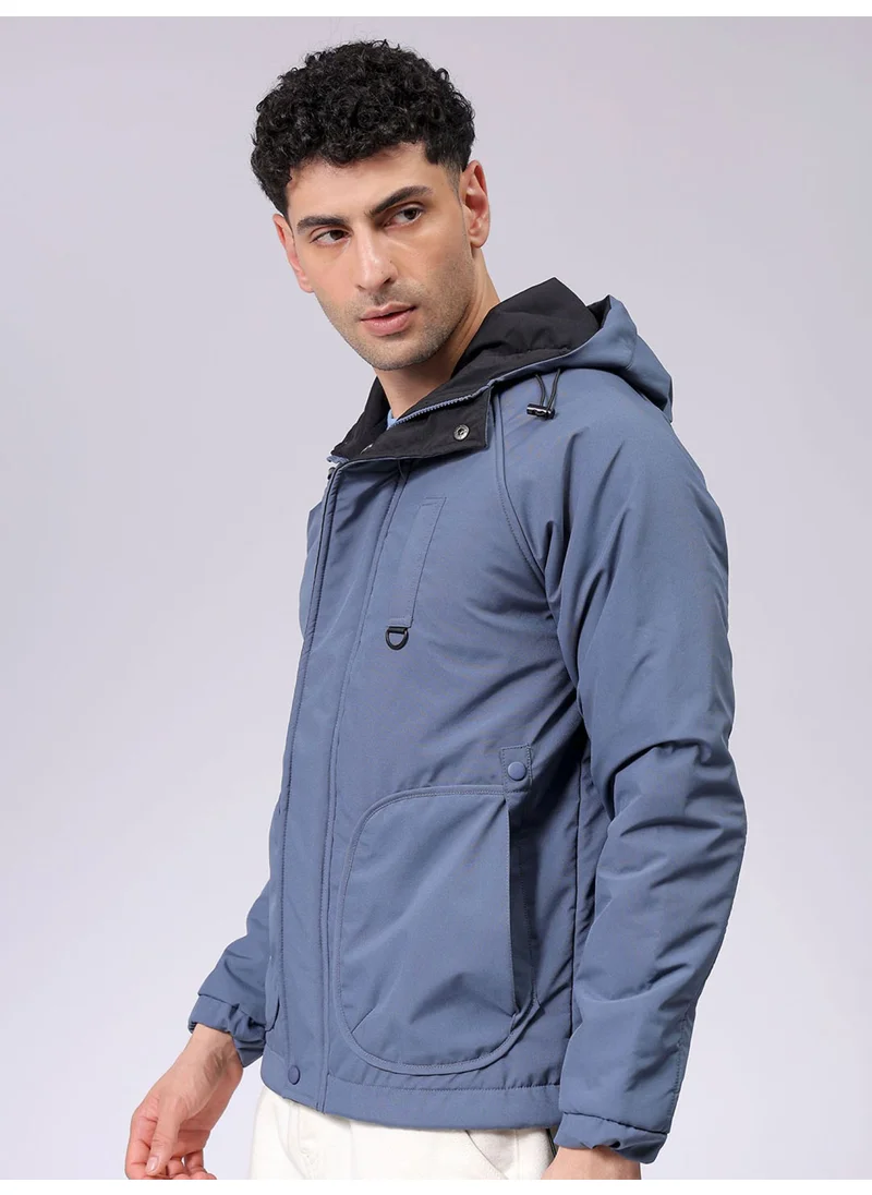 شركة المرآب الهندية Mens Blue Slim Fit Plain Hooded Zipper Placket Side Pocket Winter Jacket