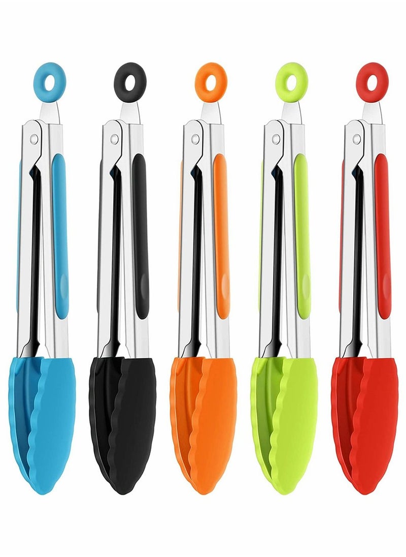 NIBEMINENT 7 Inch Silicone Tongs, Mini Kitchen Tongs With Tips Small Serving Stainless Steel Cooking For Salad, Grilling, Frying And (Black, Red, Blue, Orange, Green, 5 PCS)  - Image 1