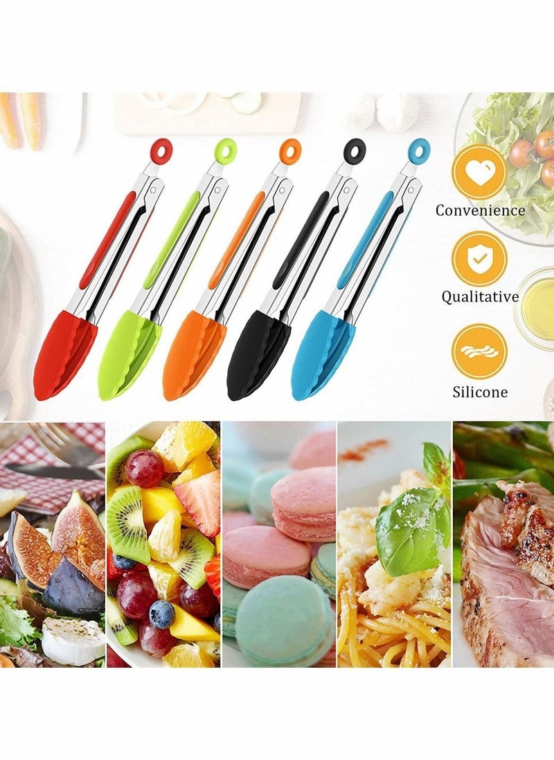 NIBEMINENT 7 Inch Silicone Tongs, Mini Kitchen Tongs With Tips Small Serving Stainless Steel Cooking For Salad, Grilling, Frying And (Black, Red, Blue, Orange, Green, 5 PCS)  - Image 5