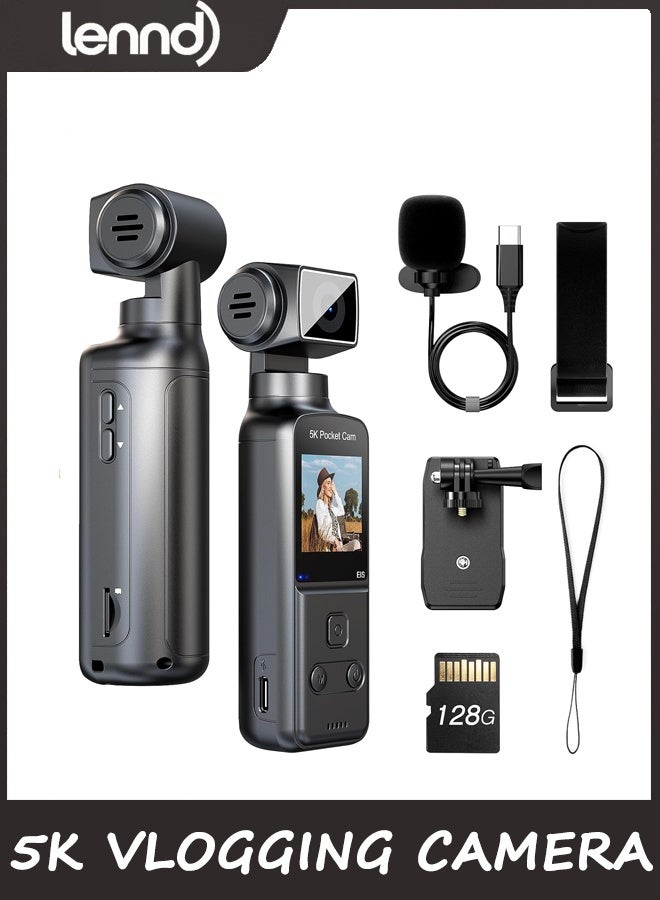 LENND 5K Body Camera with Microphone, W5 Vlogging Camera, 5K/15FPS and 4K/60FPS with 270° Rotating Lens, External Mic Support, Clip/Strap Options, EIS Stabilization for Meeting, and Daily Use (128GB)