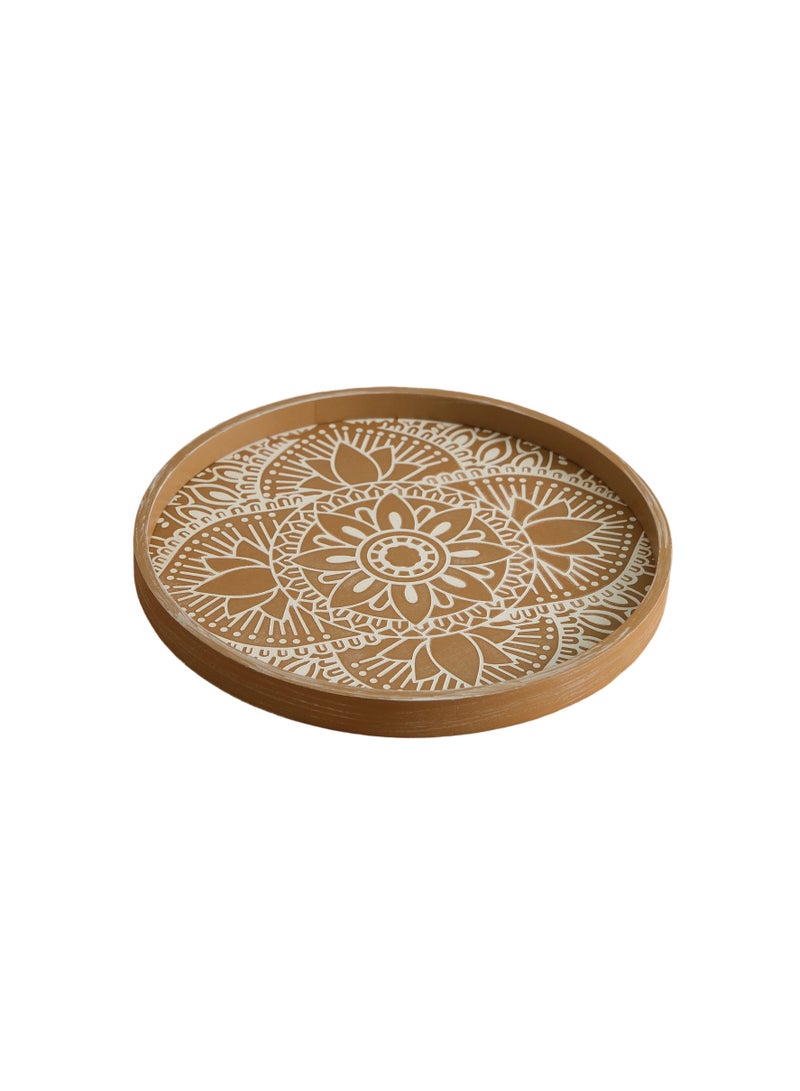 Round Wood Decorative Tray: Boho Coffee Table Tray Farmhouse Rustic Brown Centerpiece Decor Wooden Serving Trays Circle Tray for Kitchen Counter Bohemian Ottoman Tray for Home - Image 1