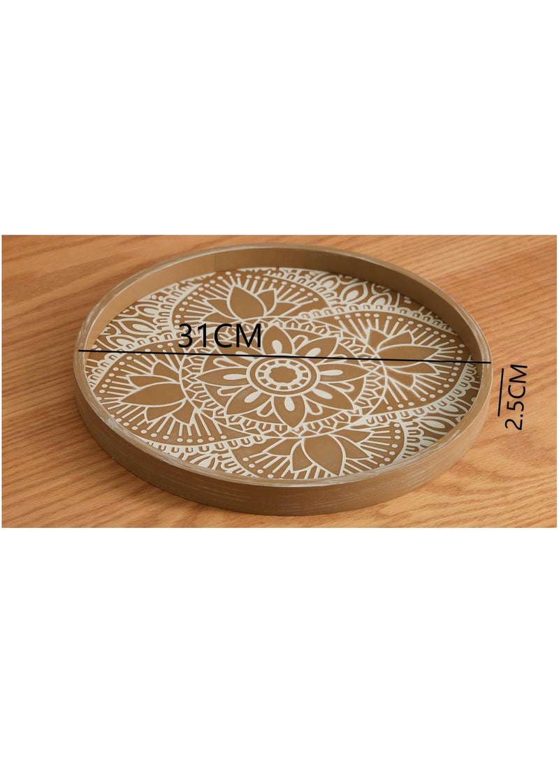 Round Wood Decorative Tray: Boho Coffee Table Tray Farmhouse Rustic Brown Centerpiece Decor Wooden Serving Trays Circle Tray for Kitchen Counter Bohemian Ottoman Tray for Home - Image 2