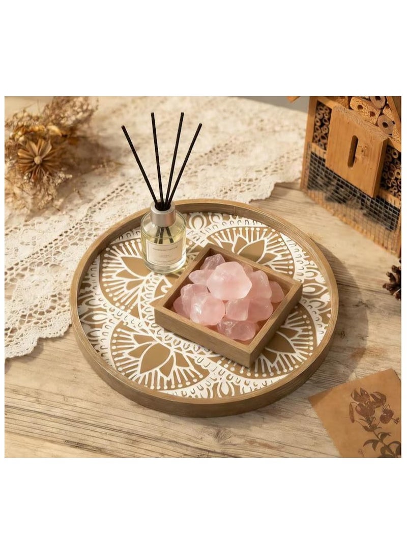 Round Wood Decorative Tray: Boho Coffee Table Tray Farmhouse Rustic Brown Centerpiece Decor Wooden Serving Trays Circle Tray for Kitchen Counter Bohemian Ottoman Tray for Home - Image 4