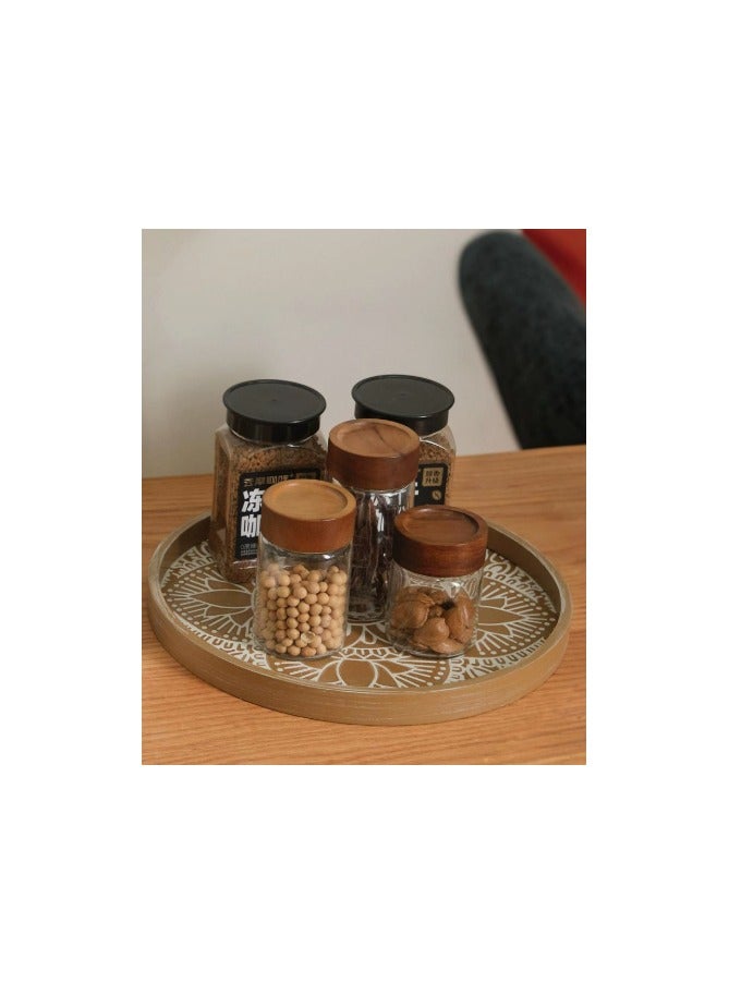 Round Wood Decorative Tray: Boho Coffee Table Tray Farmhouse Rustic Brown Centerpiece Decor Wooden Serving Trays Circle Tray for Kitchen Counter Bohemian Ottoman Tray for Home - Image 3