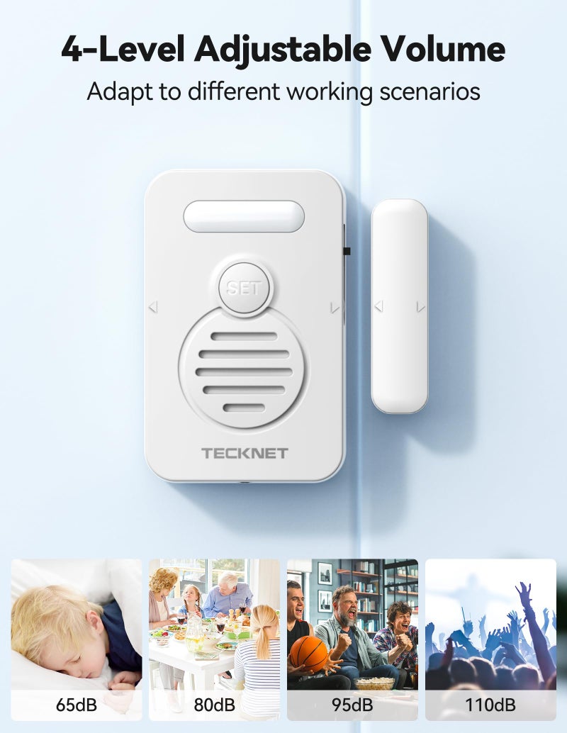 TECKNET Door Alarms for Kids Safety, Door Alarms When Opened, Window Alarm with Smart Voice Alert, 4-Level Adjustable Volume, Refrigerator Sensor Pool Alarm for Home Securityã€Fridgeã€Garage and Window - Image 4