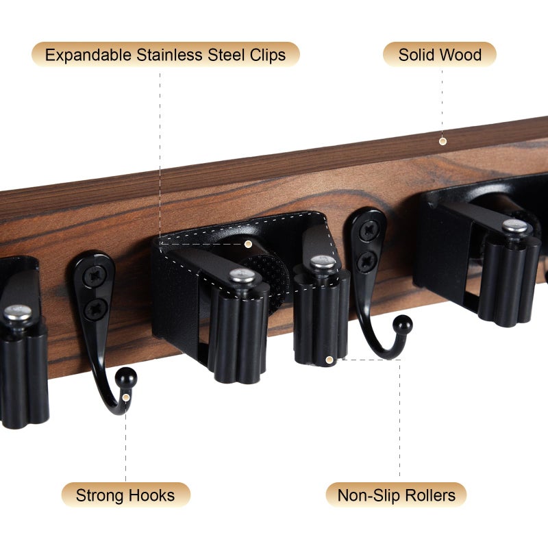 FunCee Broom Holder Wall Mount With 5 Slots & 4 Hooksï¼ŒRustic Wood Broom & Mop Hangerï¼ŒWall Mounted Garden & Garage Tool Storage Organizer Rack for Closet Laundry Room or Kitchen Wall Decor - Image 5