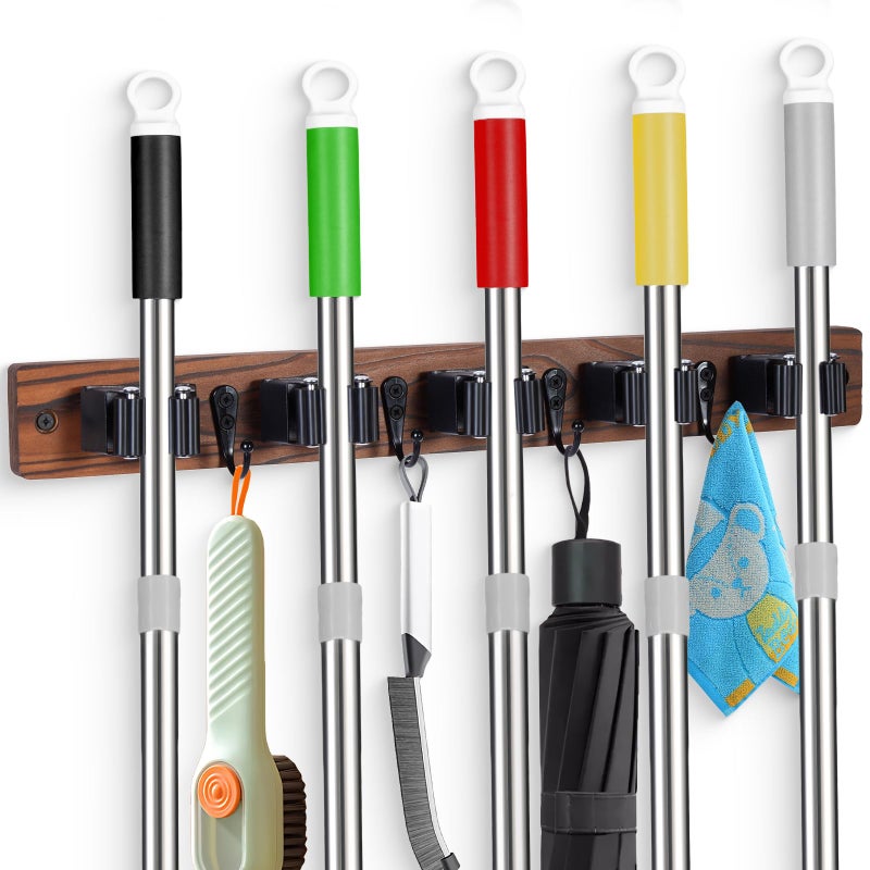 FunCee Broom Holder Wall Mount With 5 Slots & 4 Hooksï¼ŒRustic Wood Broom & Mop Hangerï¼ŒWall Mounted Garden & Garage Tool Storage Organizer Rack for Closet Laundry Room or Kitchen Wall Decor - Image 1