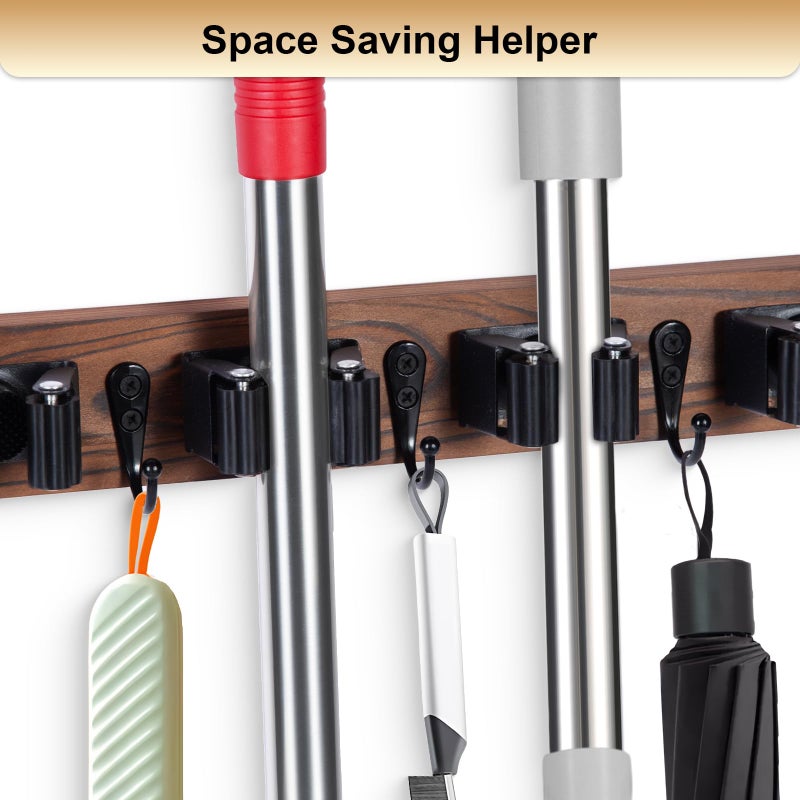 FunCee Broom Holder Wall Mount With 5 Slots & 4 Hooksï¼ŒRustic Wood Broom & Mop Hangerï¼ŒWall Mounted Garden & Garage Tool Storage Organizer Rack for Closet Laundry Room or Kitchen Wall Decor - Image 3