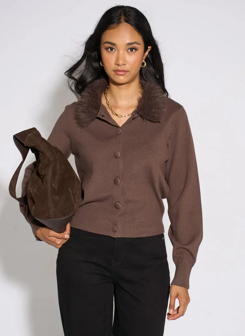 Gini London Brown Fur Trim Cardigan