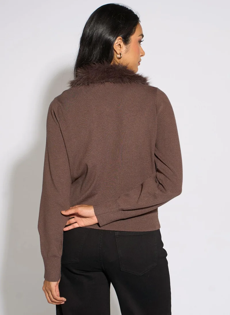 Gini London Brown Fur Trim Cardigan