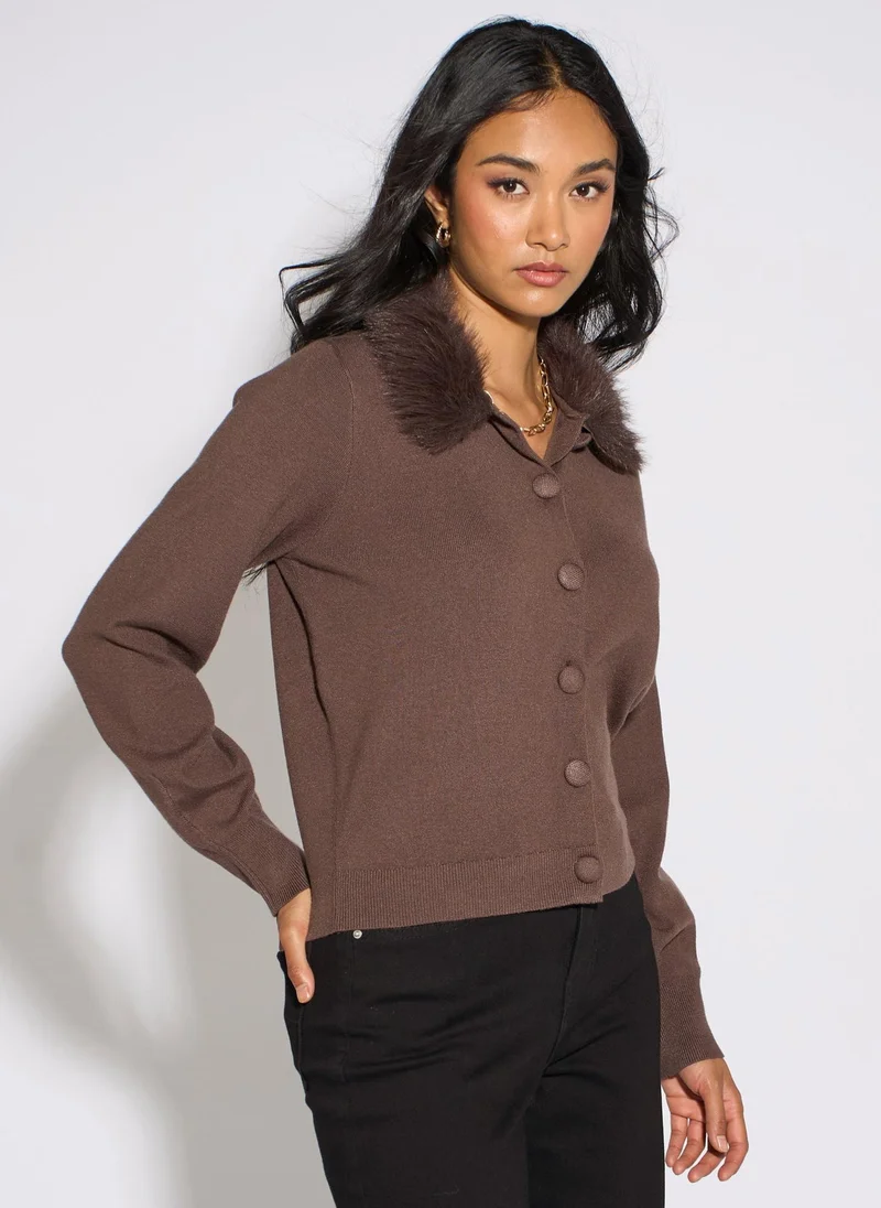Gini London  Brown Fur Trim Cardigan for Women | Best Price UAE