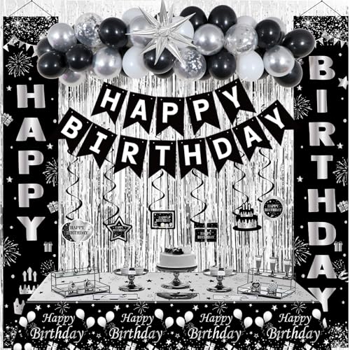 Distasio Black and Silver Birthday Decorations for Men Women Boys Girls Happy Birthday Decorations Black and White Happy Birthday Banner Balloons Tablecover Fringe Curtain Door Banner Birthday Party Decor - Image 1