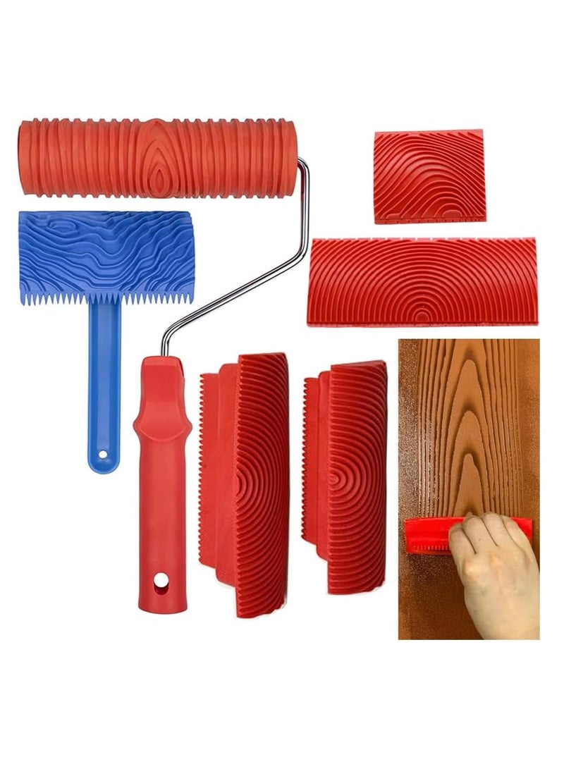Excefore Paint Roller Set, Wood Graining Tool Set, 6pcs Wood Grain Roller Painting Tool with Handle DIY Rubber Graining Tool for DIY Wall Art and Decoration  - Image 1