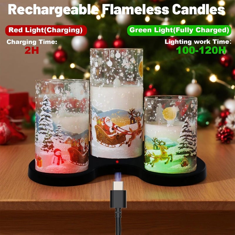 DRomance Santa Glass Flameless Candles Rechargeable Battery Operated with Remote and Timer Real Wax LED Flickering Pillar Candles White Cold Light Window Christmas Holiday Decor D3 x 4",5",6" - Image 3