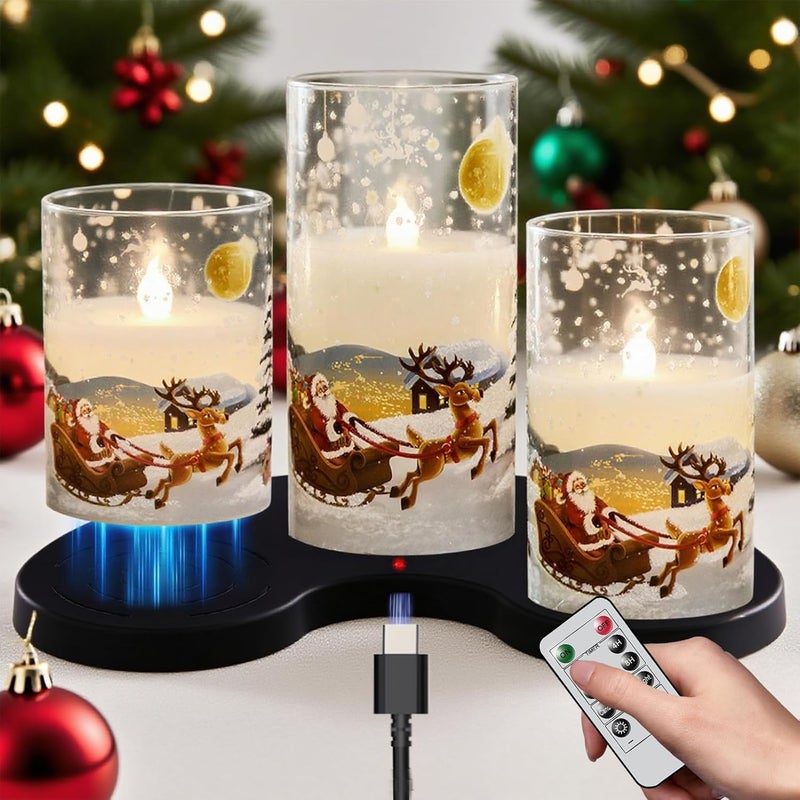 DRomance Santa Glass Flameless Candles Rechargeable Battery Operated with Remote and Timer Real Wax LED Flickering Pillar Candles White Cold Light Window Christmas Holiday Decor D3 x 4",5",6" - Image 1