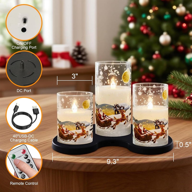 DRomance Santa Glass Flameless Candles Rechargeable Battery Operated with Remote and Timer Real Wax LED Flickering Pillar Candles White Cold Light Window Christmas Holiday Decor D3 x 4",5",6" - Image 2
