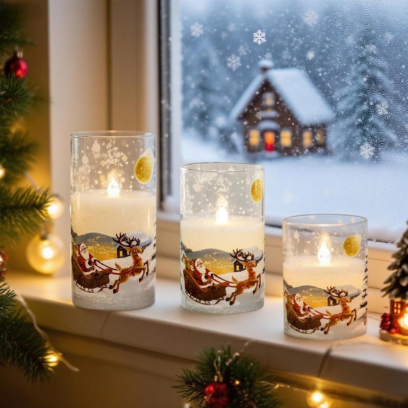 DRomance Santa Glass Flameless Candles Rechargeable Battery Operated with Remote and Timer Real Wax LED Flickering Pillar Candles White Cold Light Window Christmas Holiday Decor D3 x 4",5",6" - Image 5