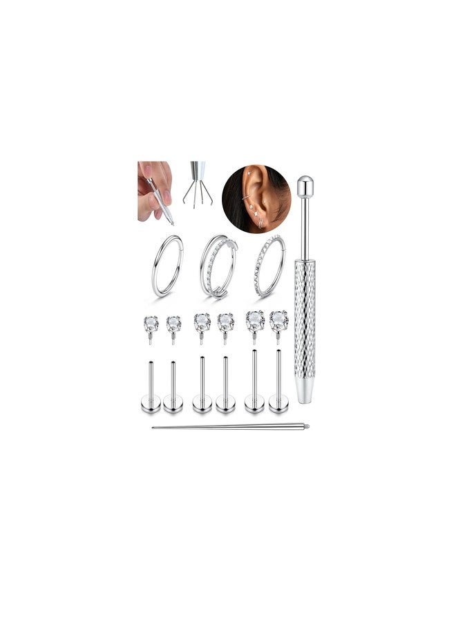 Fansilver 18G 16G Flat Back Stud Earrings for Women with Piercing Ball Grabber Tool - 316L Surgical Steel Cartilage Hoop Earrings Stack, Internal Thread CZ Stud Piercing Jewelry for Tragus Helix Conch - Image 1
