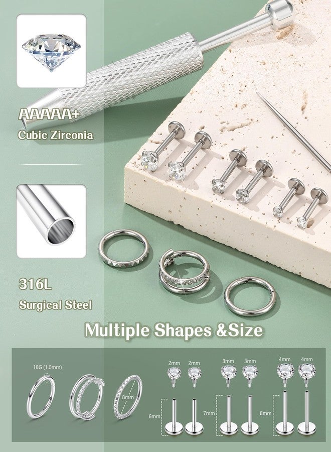 Fansilver 18G 16G Flat Back Stud Earrings for Women with Piercing Ball Grabber Tool - 316L Surgical Steel Cartilage Hoop Earrings Stack, Internal Thread CZ Stud Piercing Jewelry for Tragus Helix Conch - Image 4